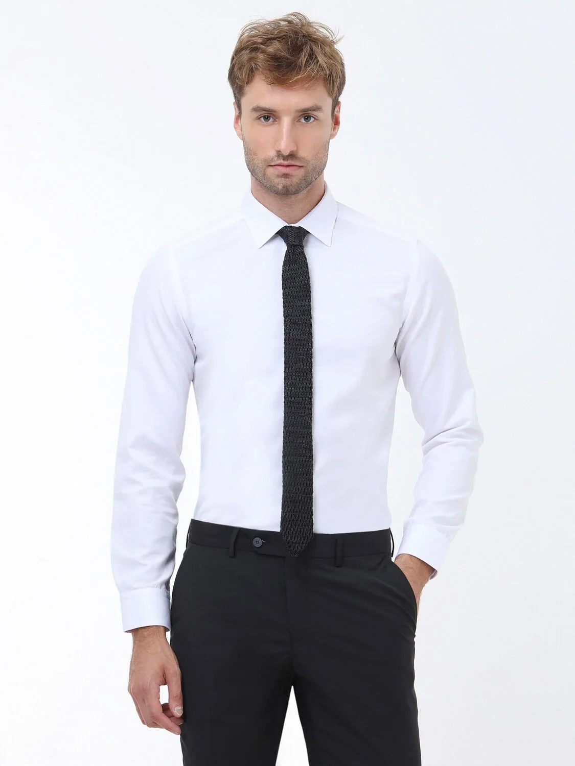 White Plain Slim Fit Weaving Classical Cotton Blended Shirt - 1