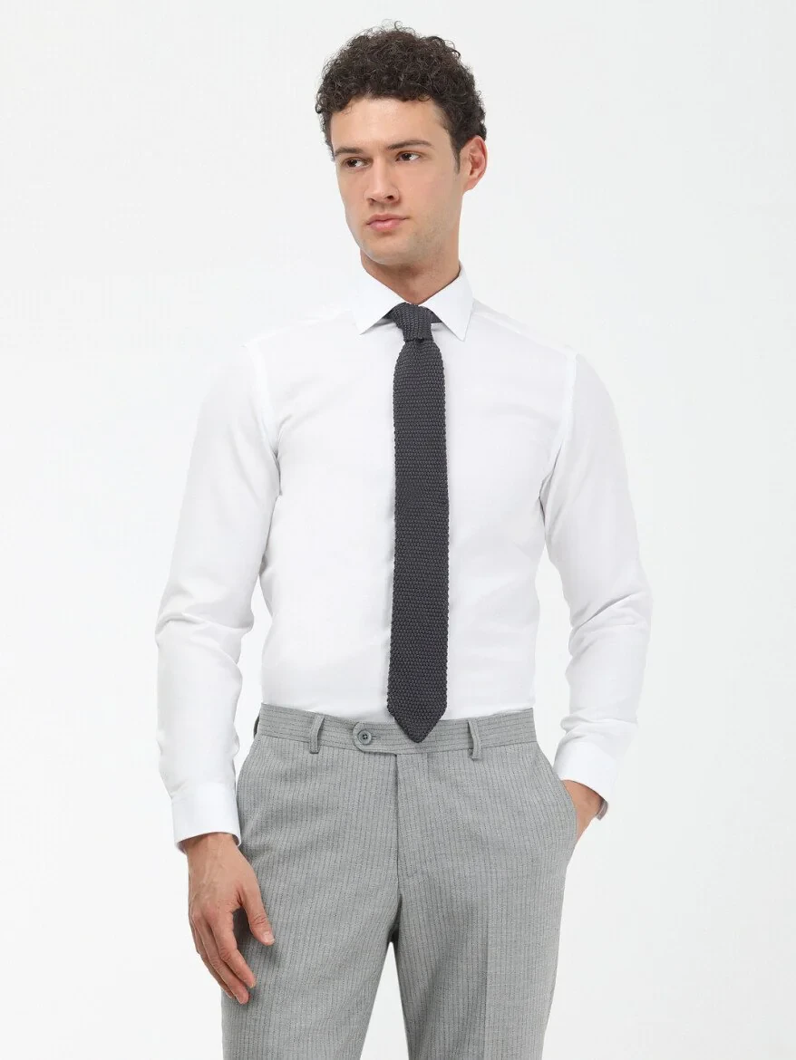 White Plain Slim Fit Weaving Classical Cotton Blended Shirt - 1