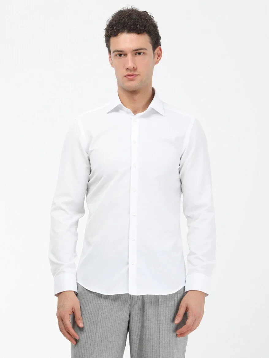 White Plain Slim Fit Weaving Classical Cotton Blended Shirt - 2