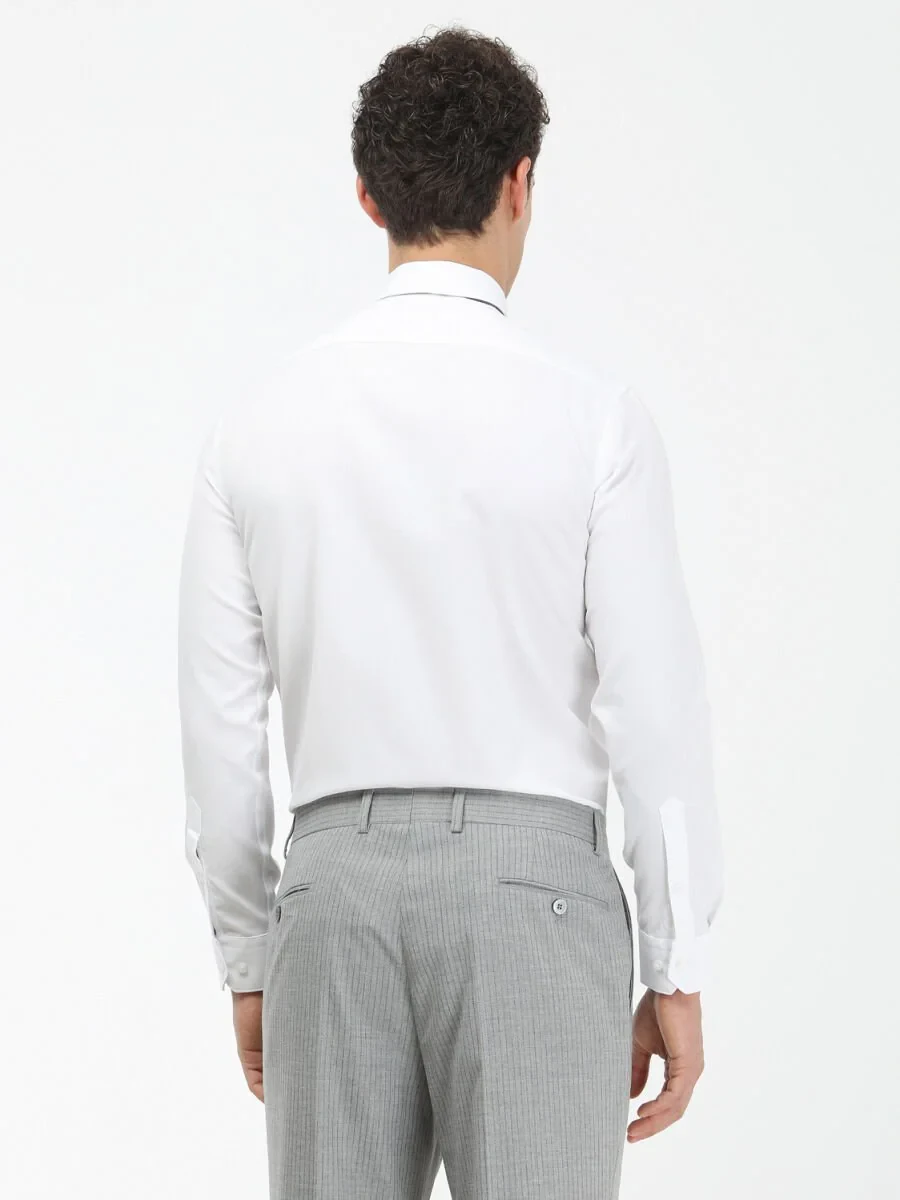 White Plain Slim Fit Weaving Classical Cotton Blended Shirt - 5