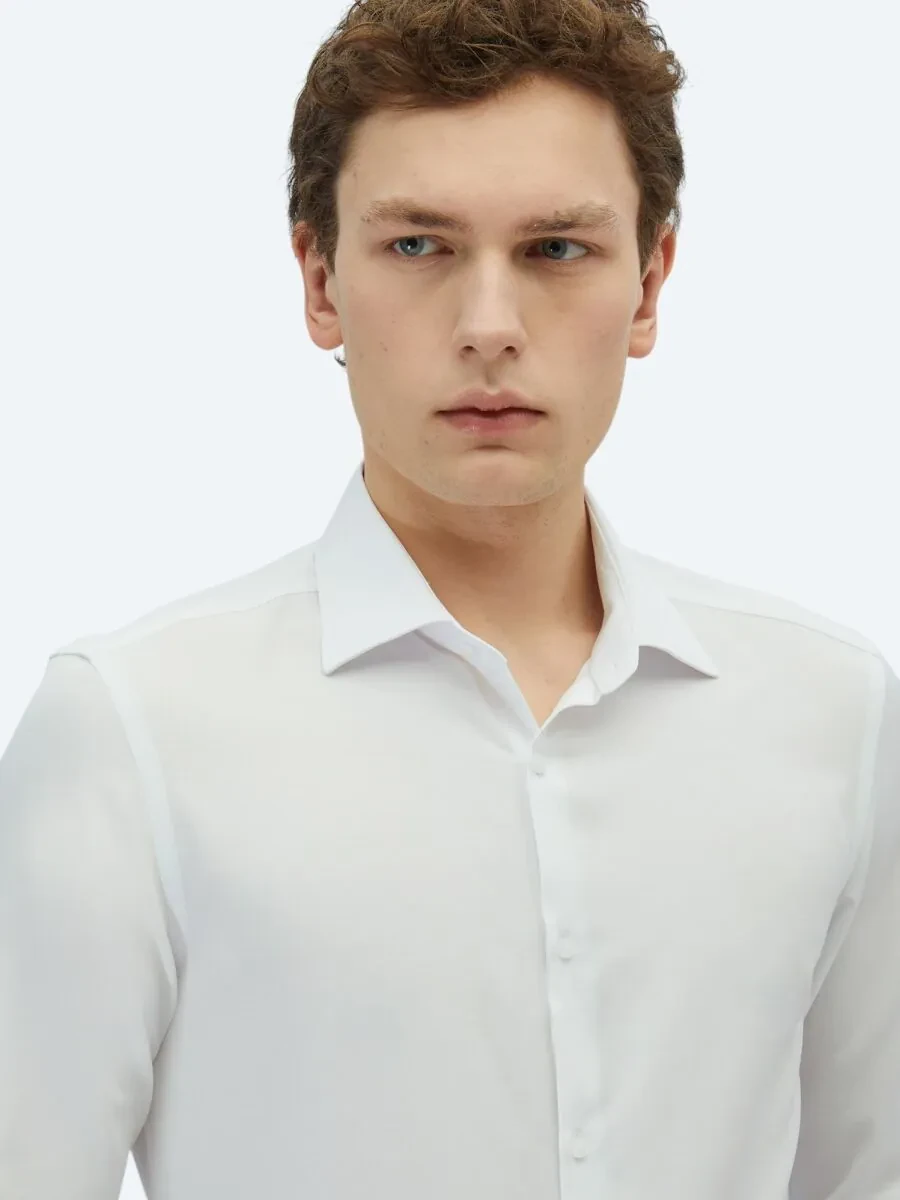 White Plain Slim Fit Weaving Classical Cotton Blended Shirt - 3
