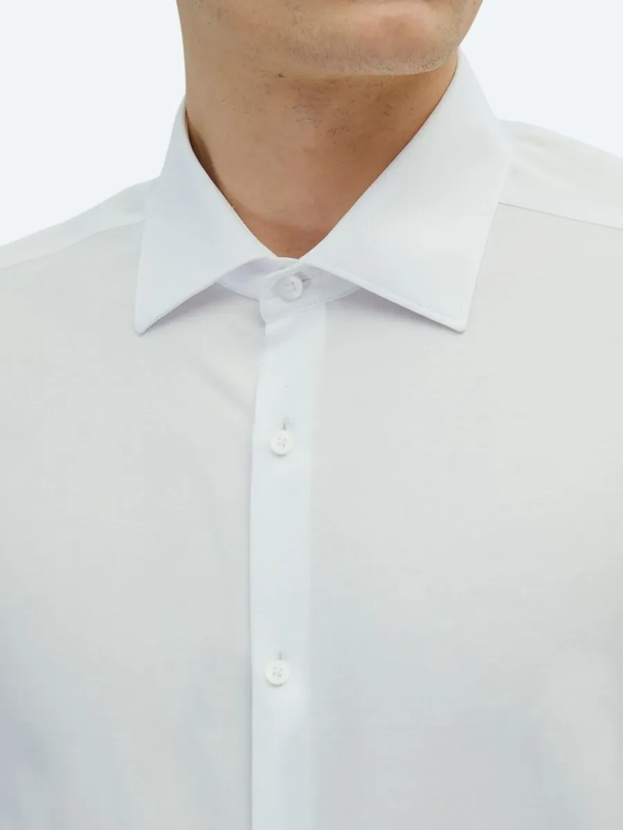 White Plain Slim Fit Weaving Classical Cotton Blended Shirt - 4
