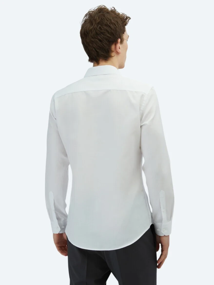White Plain Slim Fit Weaving Classical Cotton Blended Shirt - 5