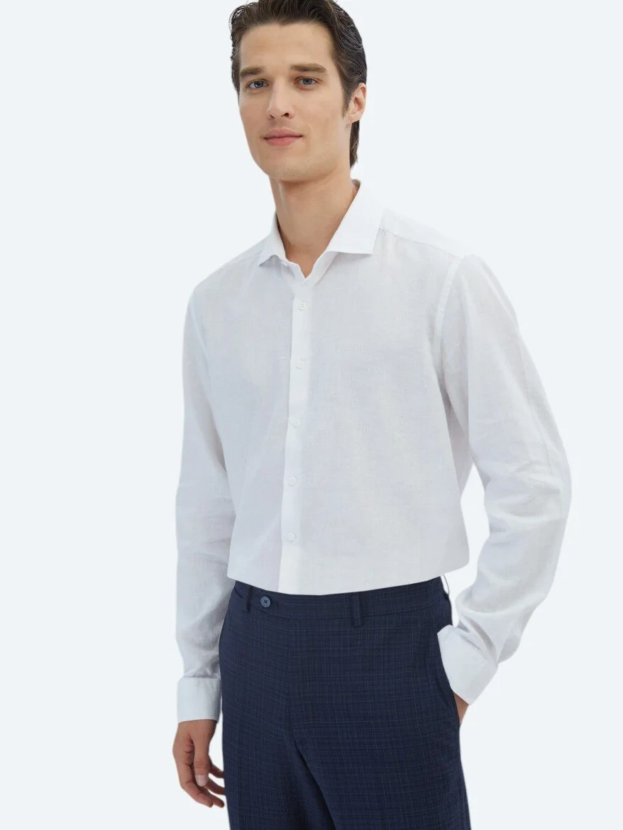 White Plain Weaving Casual Cotton Blended Shirt - 3