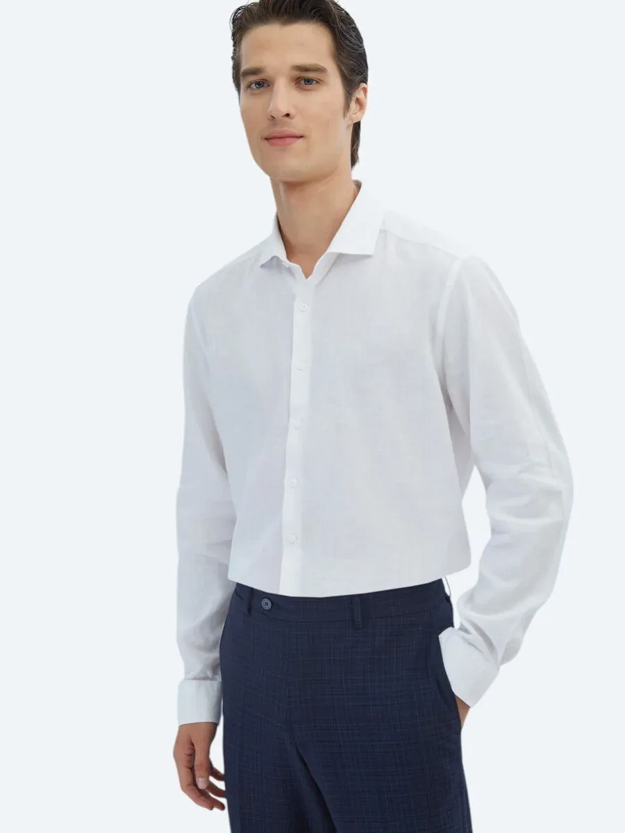 White Plain Weaving Casual Cotton Blended Shirt - 3