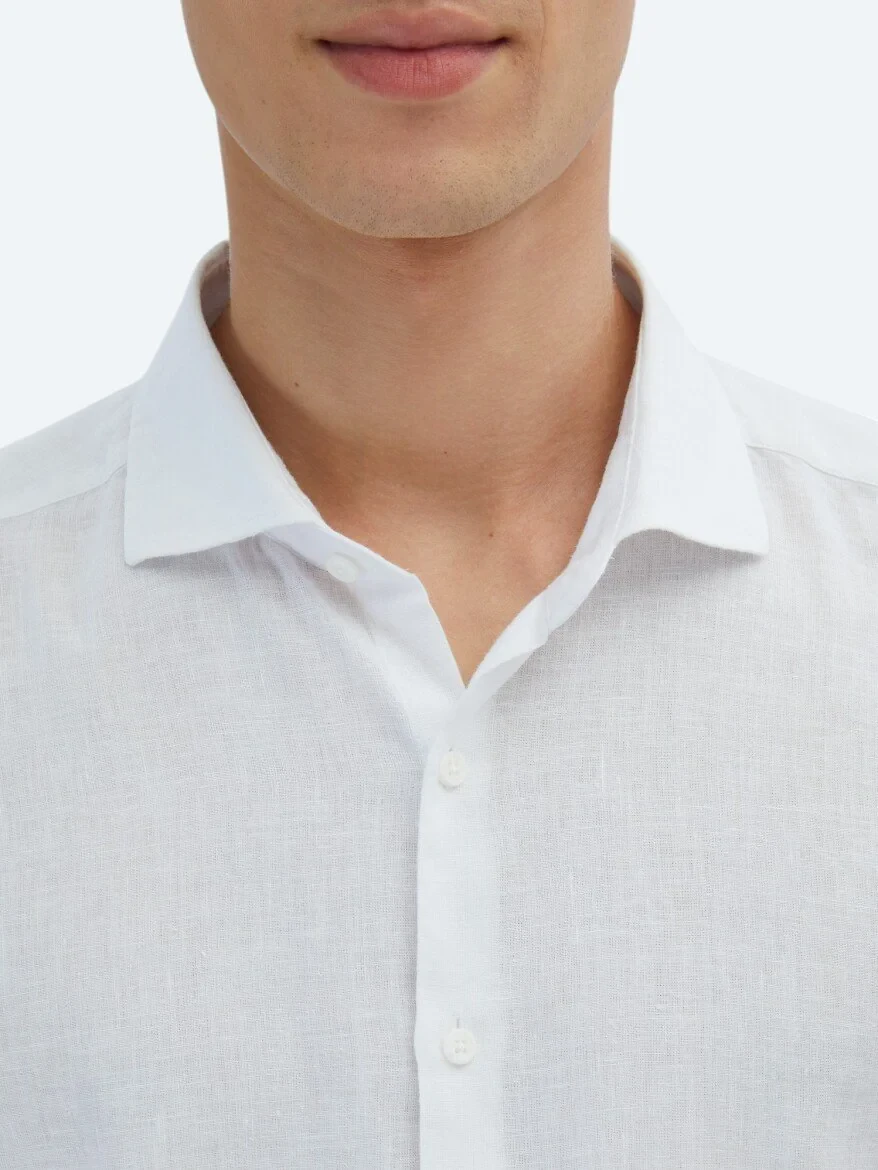 White Plain Weaving Casual Cotton Blended Shirt - 5
