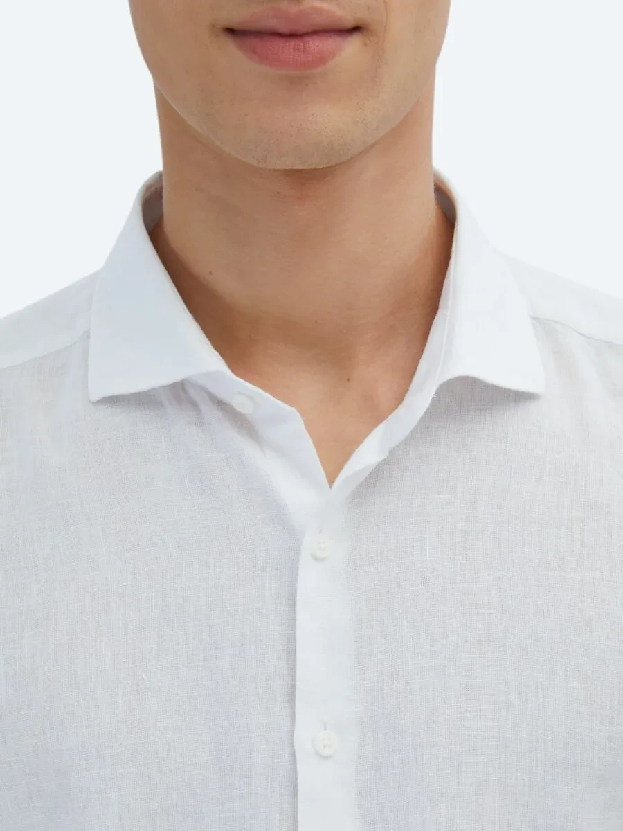 White Plain Weaving Casual Cotton Blended Shirt - 5