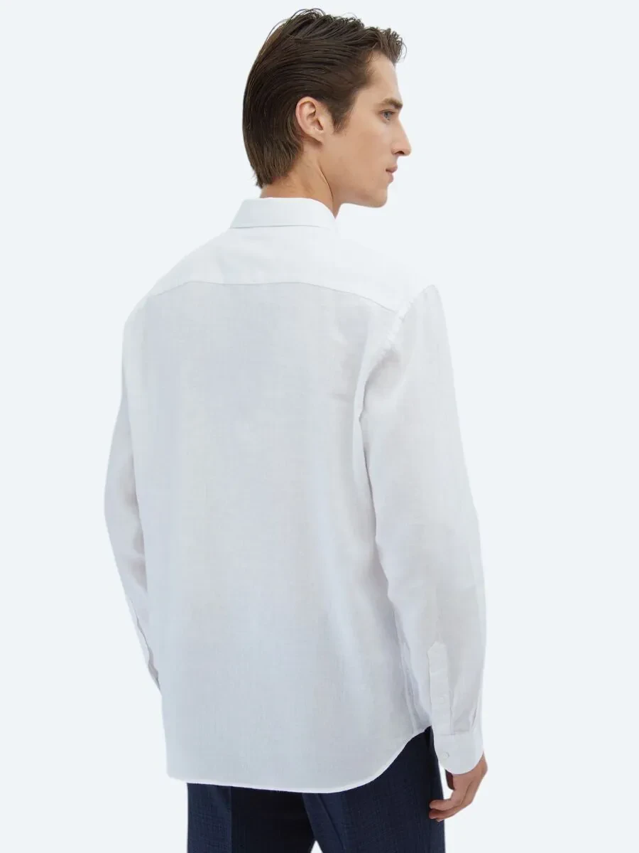 White Plain Weaving Casual Cotton Blended Shirt - 6
