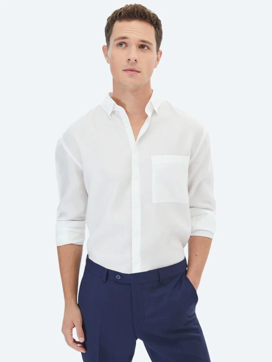 White Plain Weaving Casual Shirt - 1