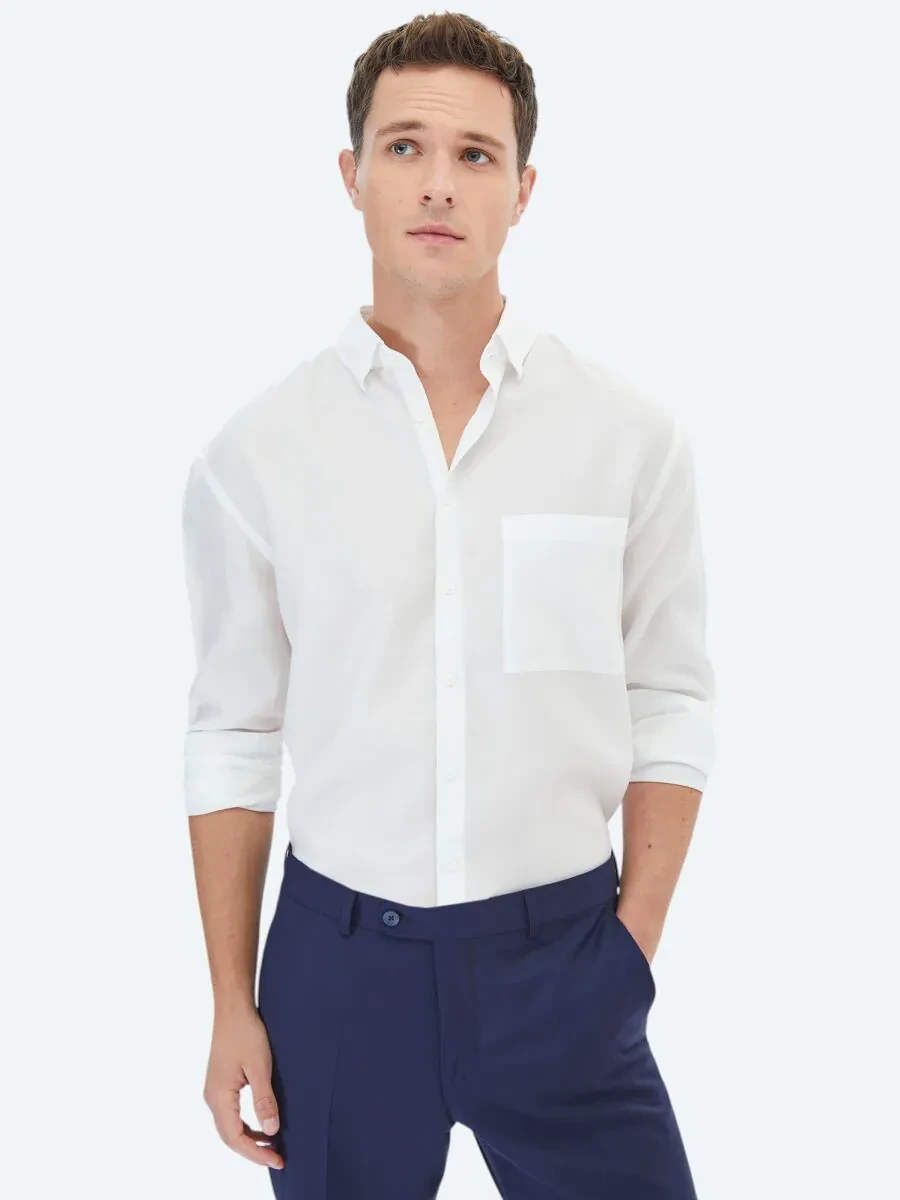 White Plain Weaving Casual Shirt - 1
