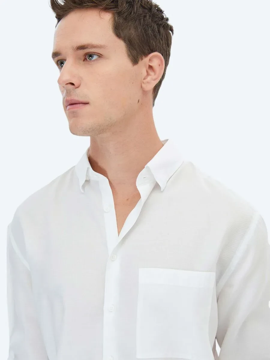 White Plain Weaving Casual Shirt - 3
