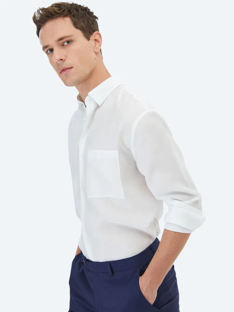 White Plain Weaving Casual Shirt - 5