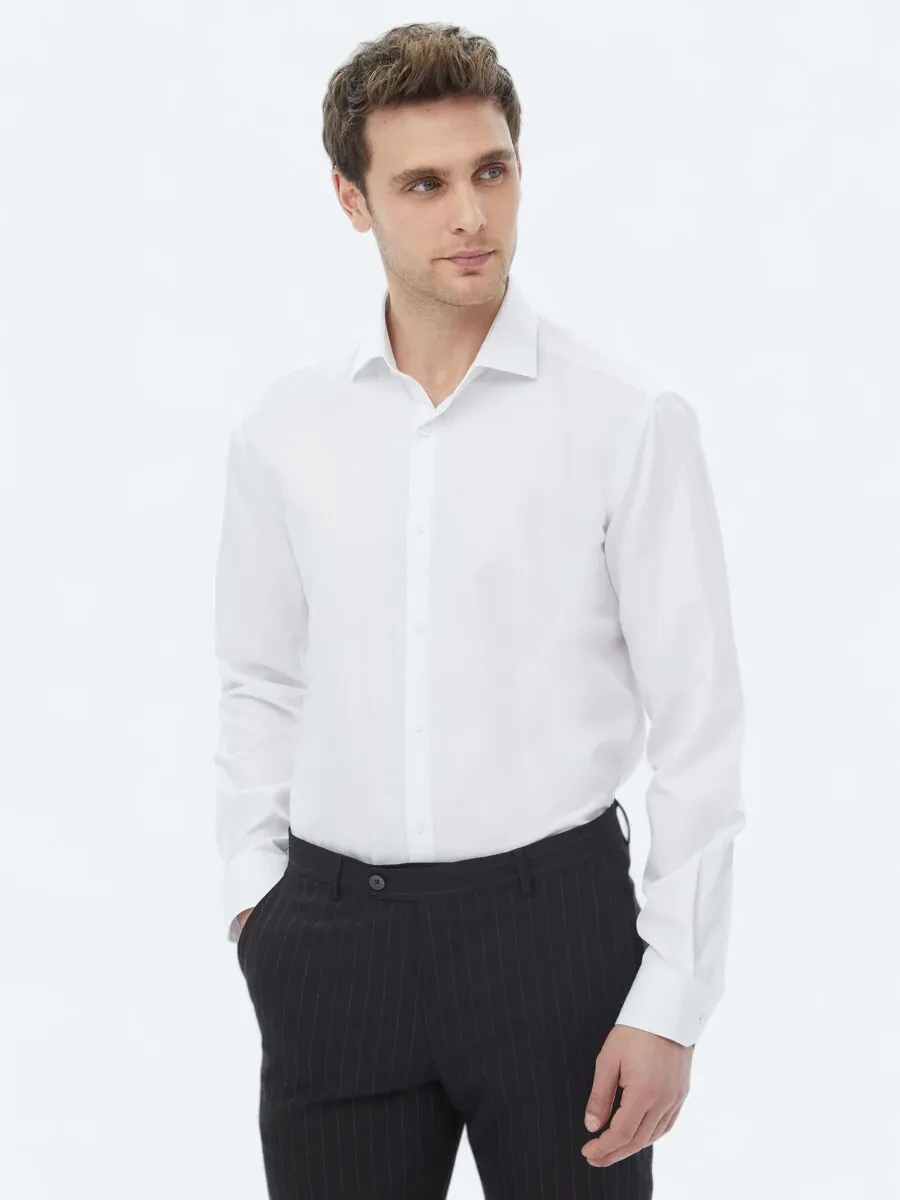 White Plain Weaving Classical Cotton Blended Shirt - 1