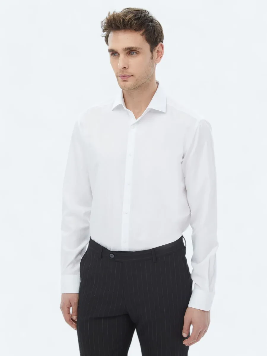 White Plain Weaving Classical Cotton Blended Shirt - 4