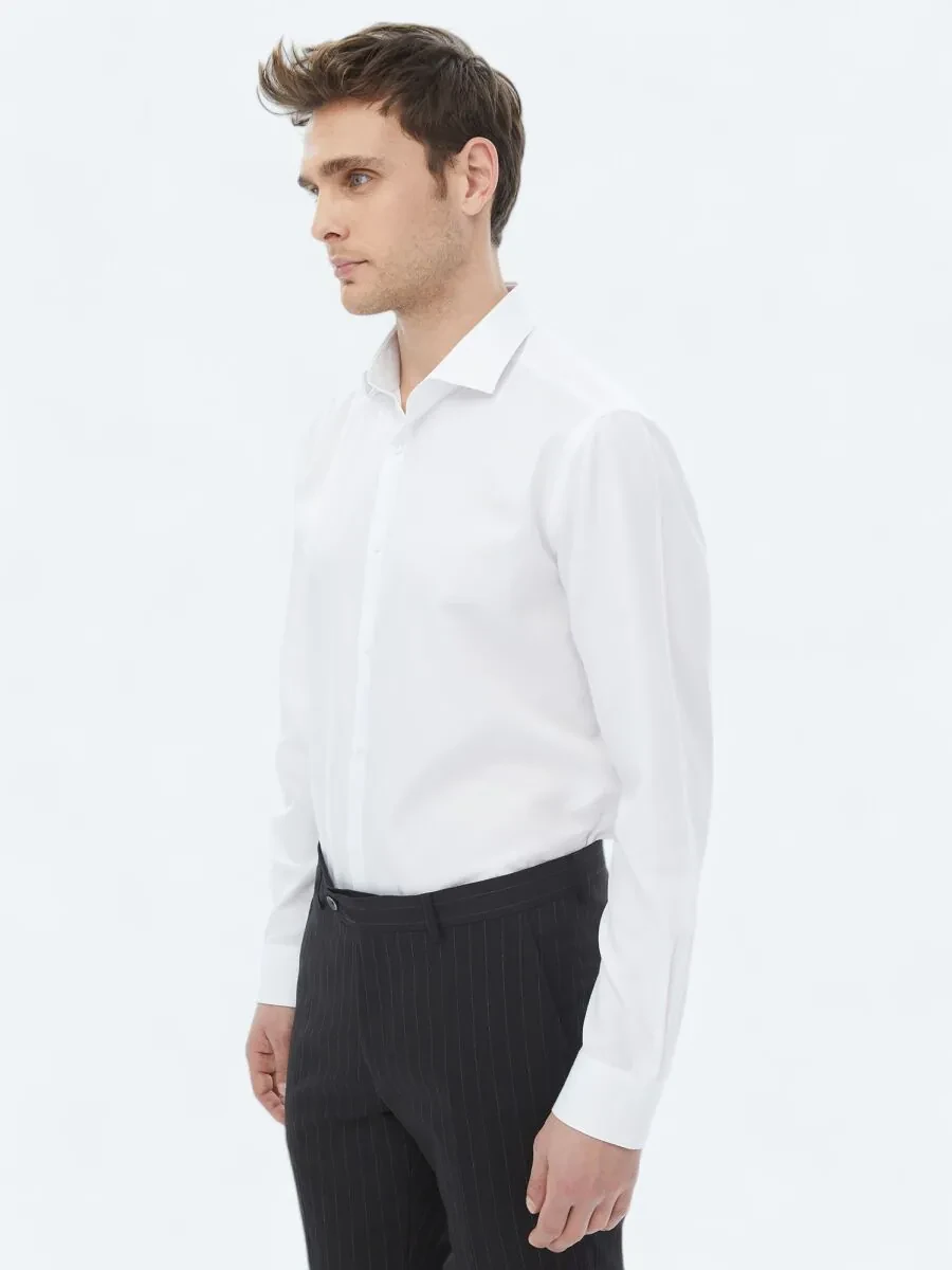 White Plain Weaving Classical Cotton Blended Shirt - 6