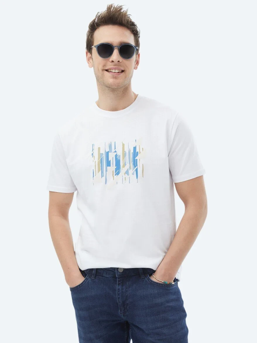 White Printed Crew Neck 100% Cotton T-Shirt - 1