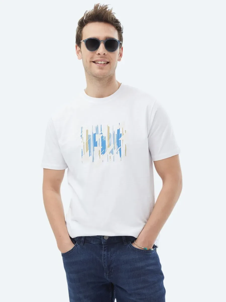 White Printed Crew Neck 100% Cotton T-Shirt - 1