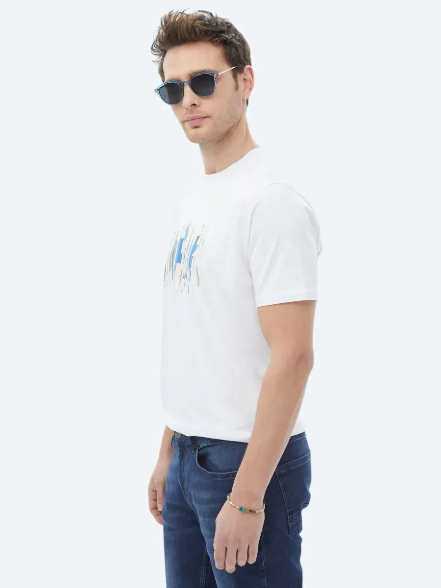 White Printed Crew Neck 100% Cotton T-Shirt - 2