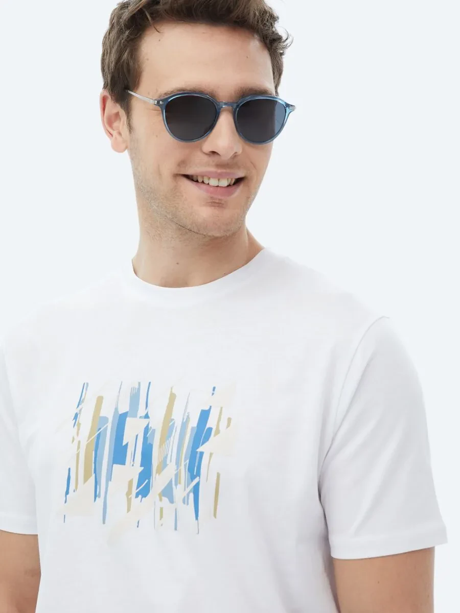 White Printed Crew Neck 100% Cotton T-Shirt - 5