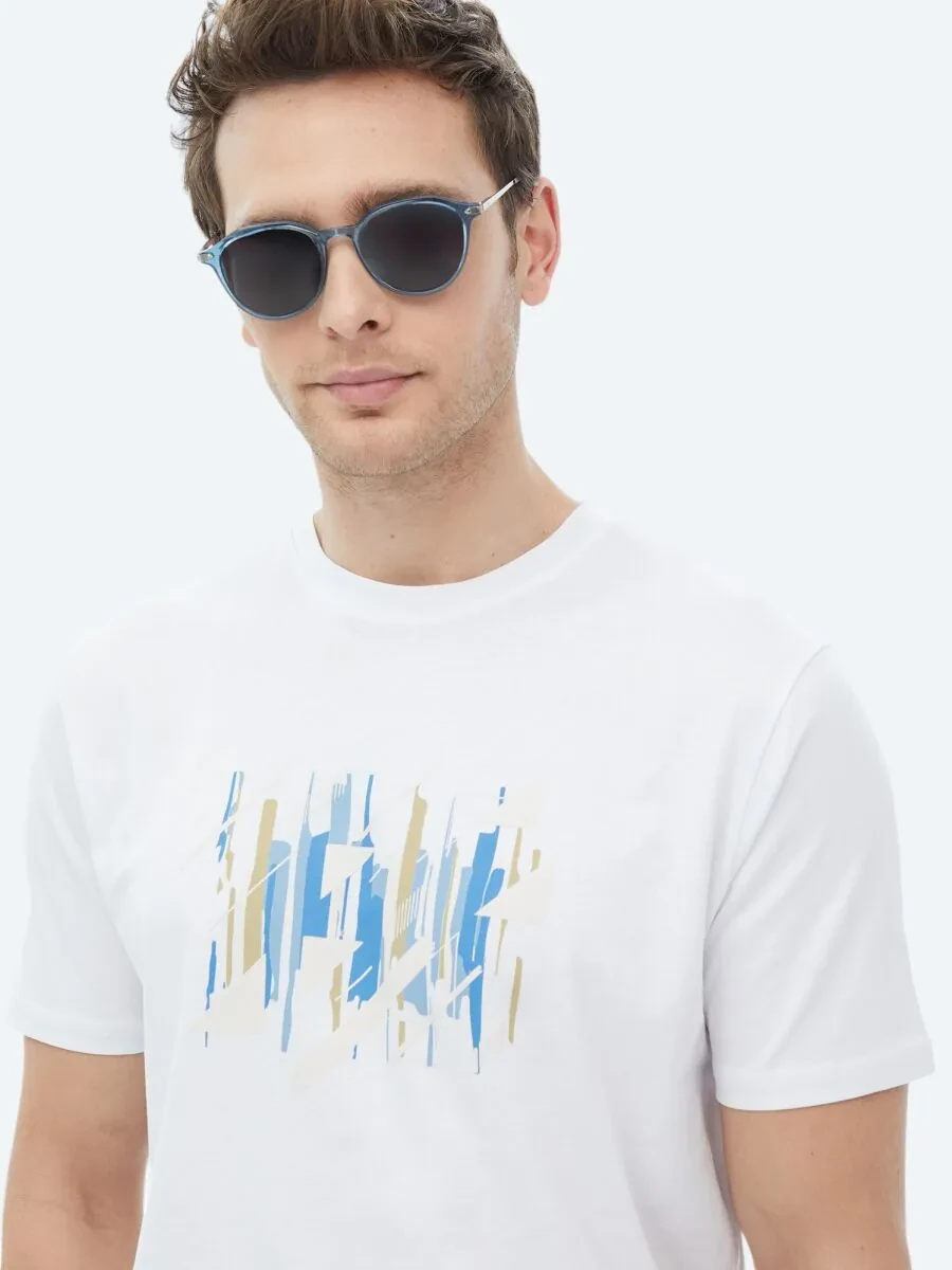 White Printed Crew Neck 100% Cotton T-Shirt - 7
