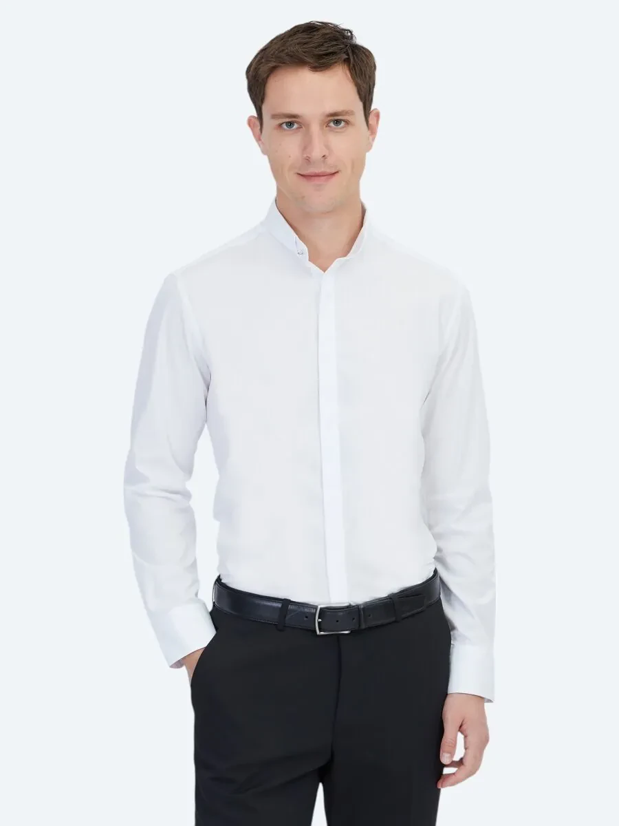 White Regular Fit Weaving Classical 100% Cotton Shirt - 1