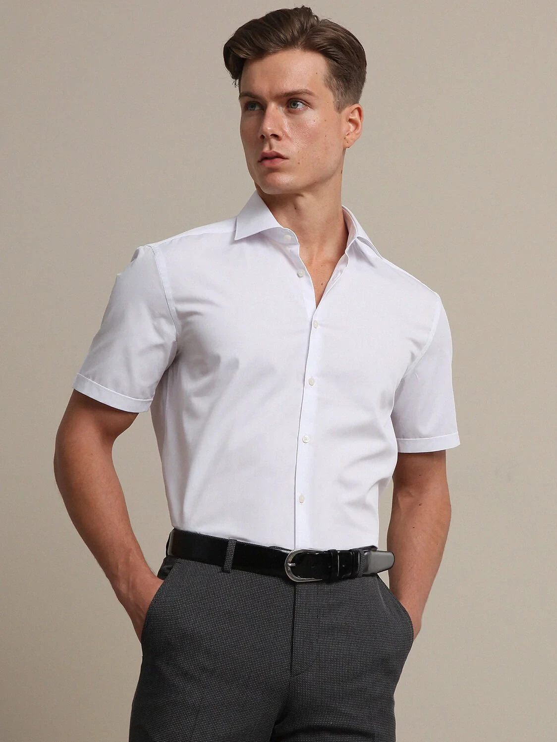 White Regular Fit Weaving Classical Cotton Blended Shirt - 1