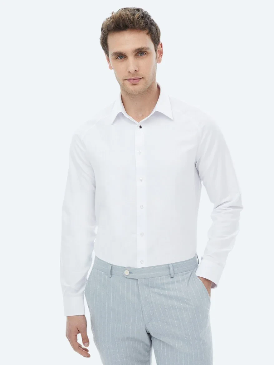 White Regular Fit Weaving Classical Cotton Blended Shirt - 3