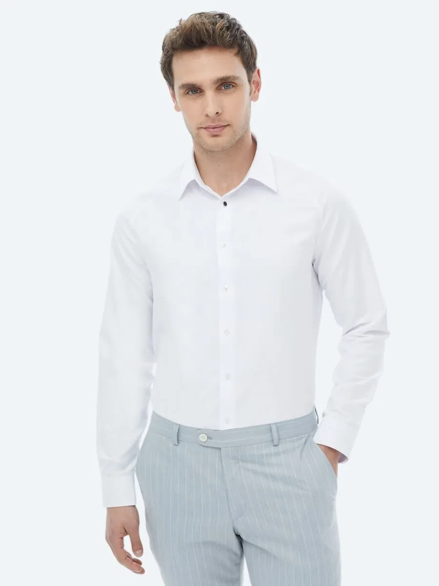 White Regular Fit Weaving Classical Cotton Blended Shirt - 3