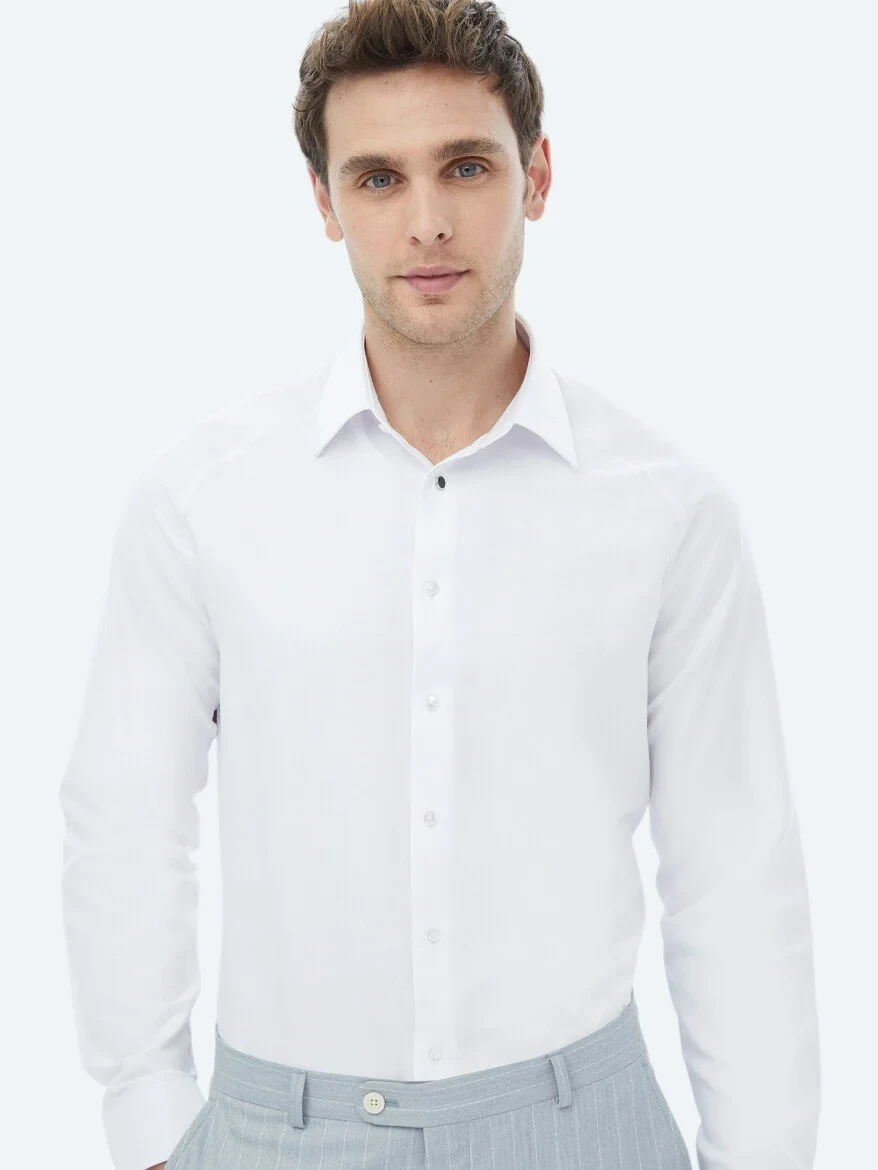 White Regular Fit Weaving Classical Cotton Blended Shirt - 4