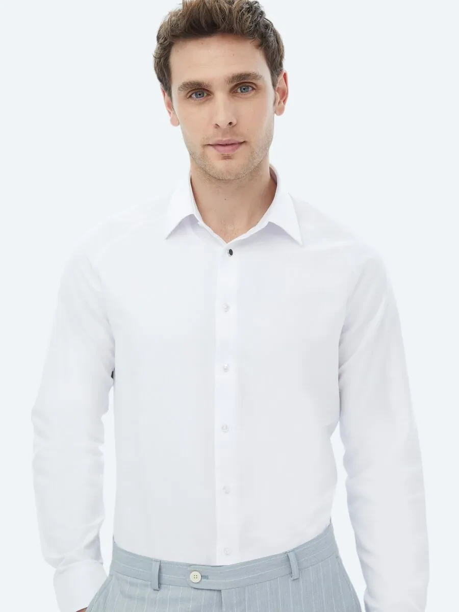 White Regular Fit Weaving Classical Cotton Blended Shirt - 4