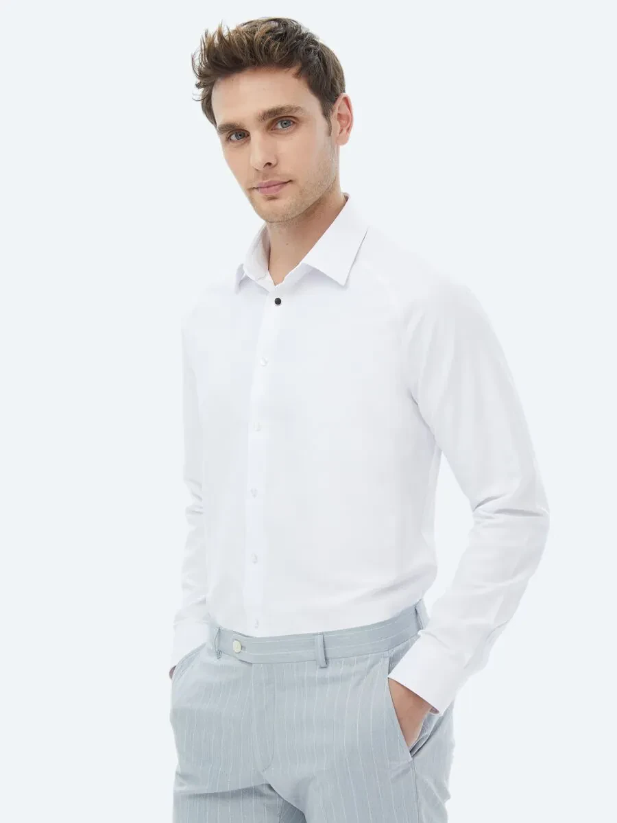 White Regular Fit Weaving Classical Cotton Blended Shirt - 7