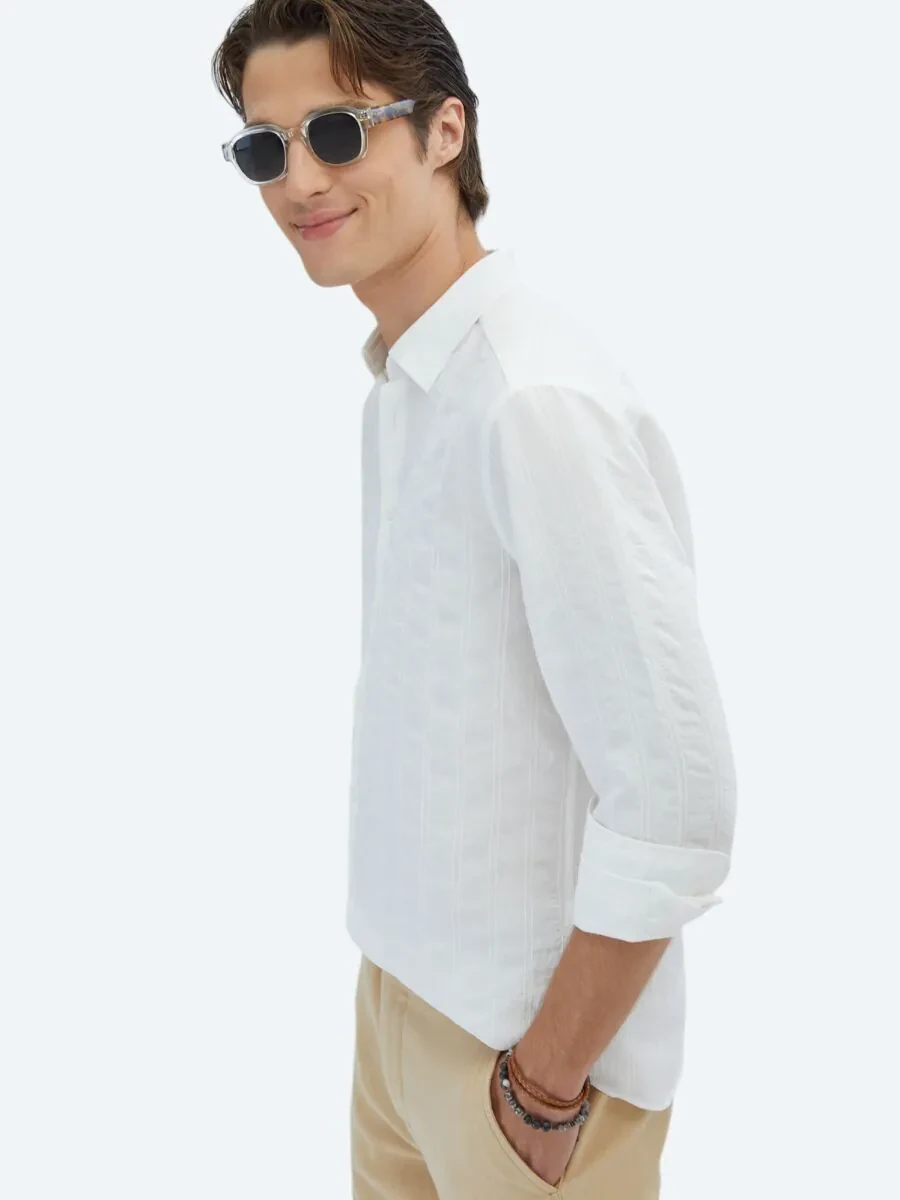 White Regular Fit Weaving Classical Shirt - 3