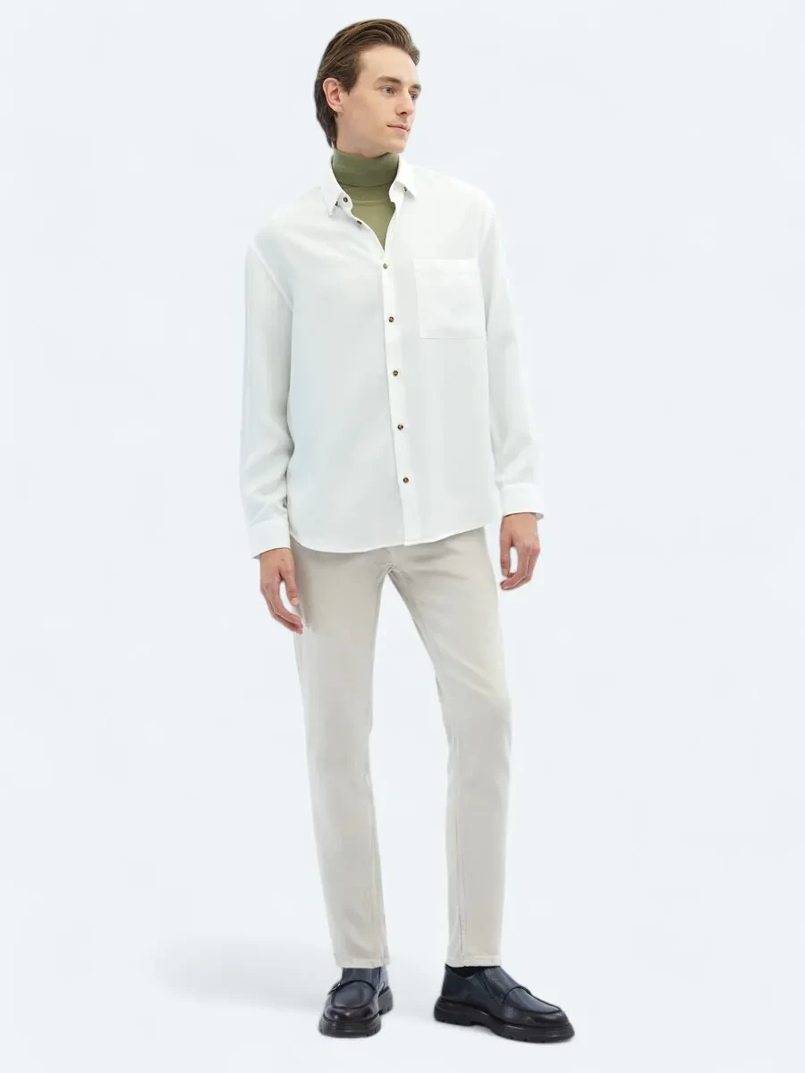 White Ribbed Oversize Fit Weaving Casual Shirt - 2