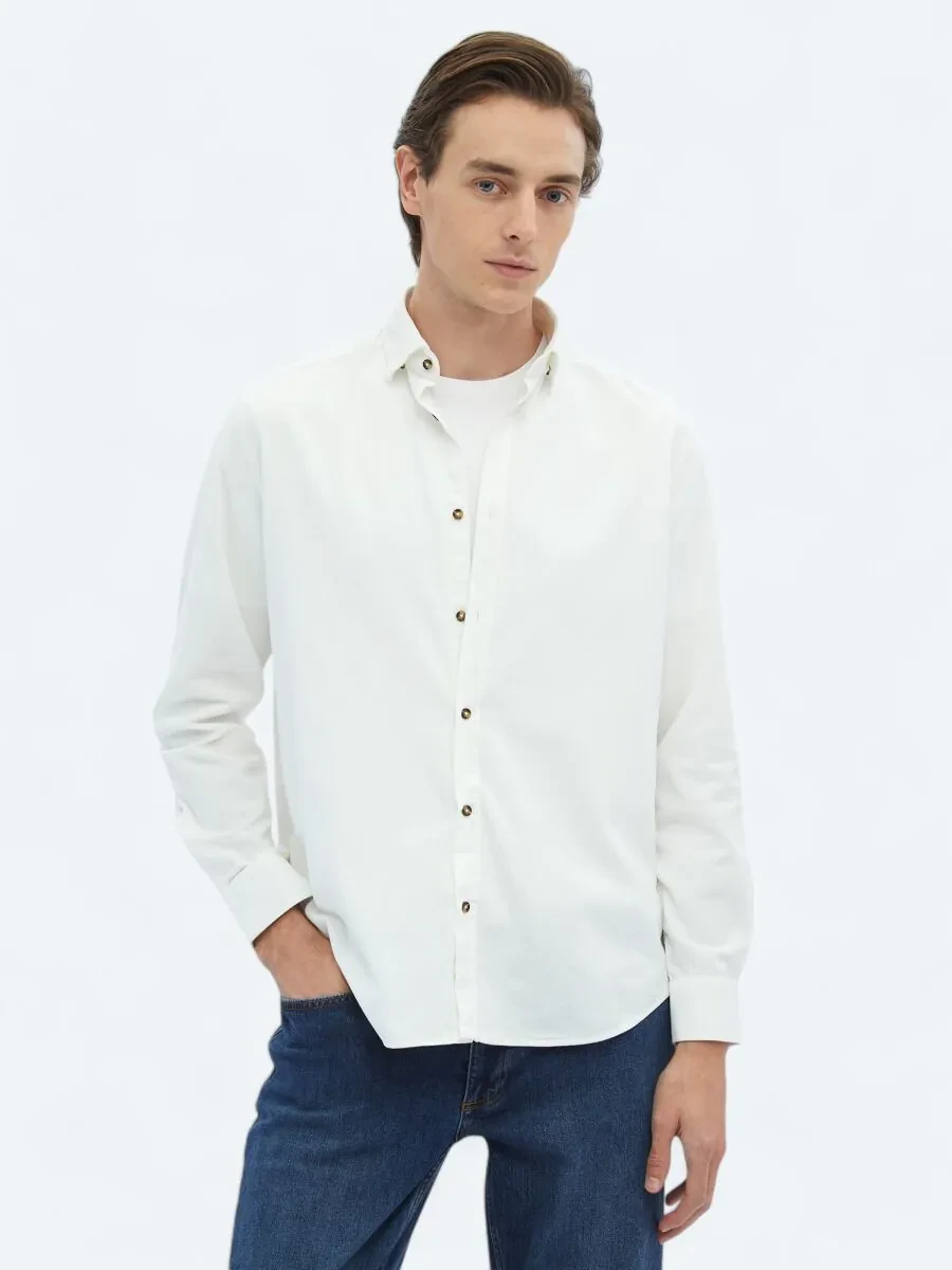 White Ribbed Regular Fit Weaving Casual 100% Cotton Shirt - 1