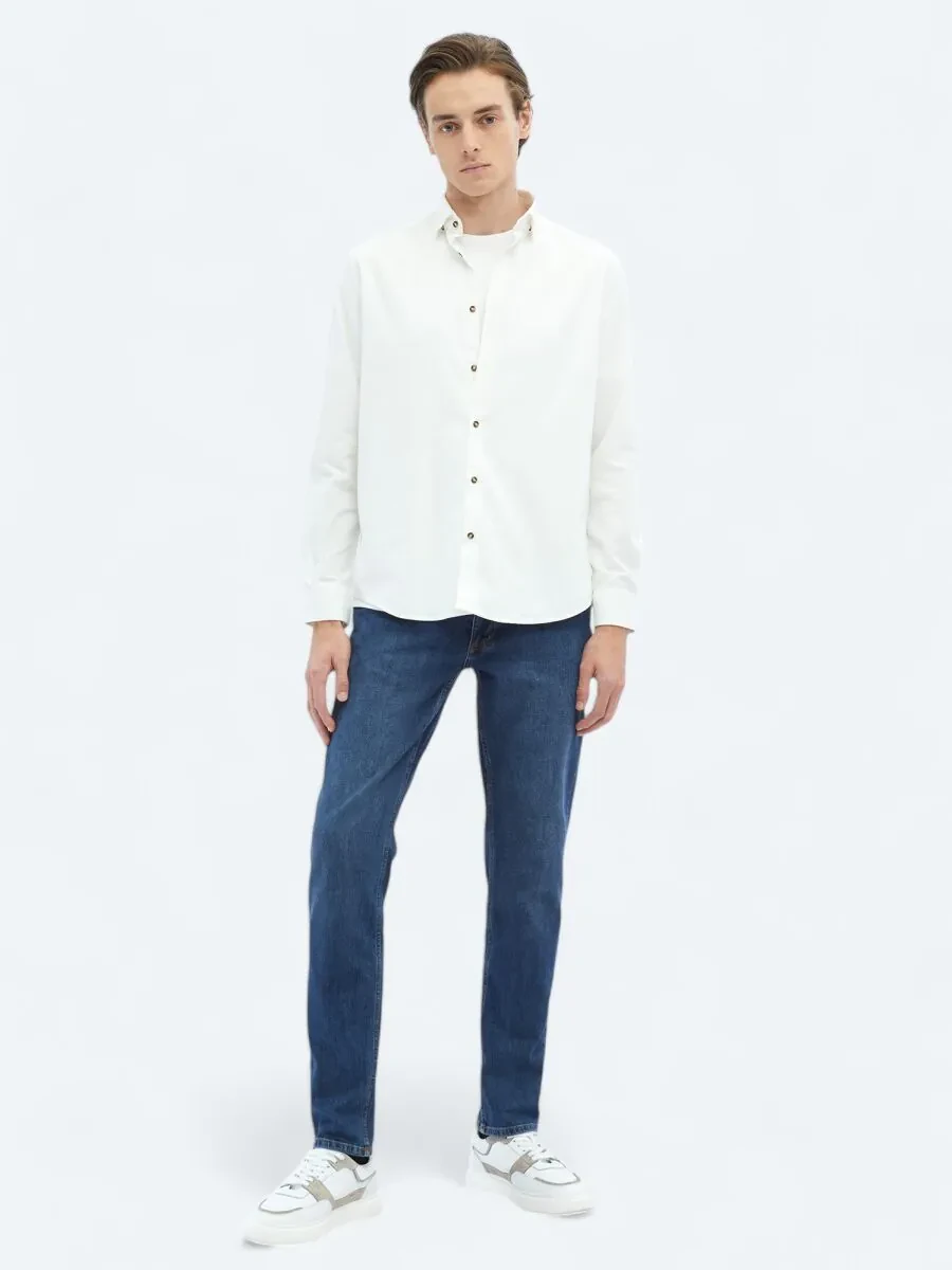 White Ribbed Regular Fit Weaving Casual 100% Cotton Shirt - 2