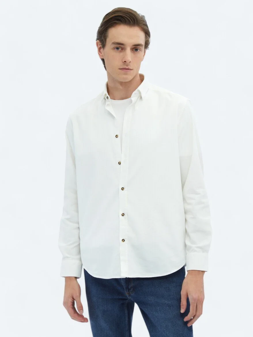 White Ribbed Regular Fit Weaving Casual 100% Cotton Shirt 