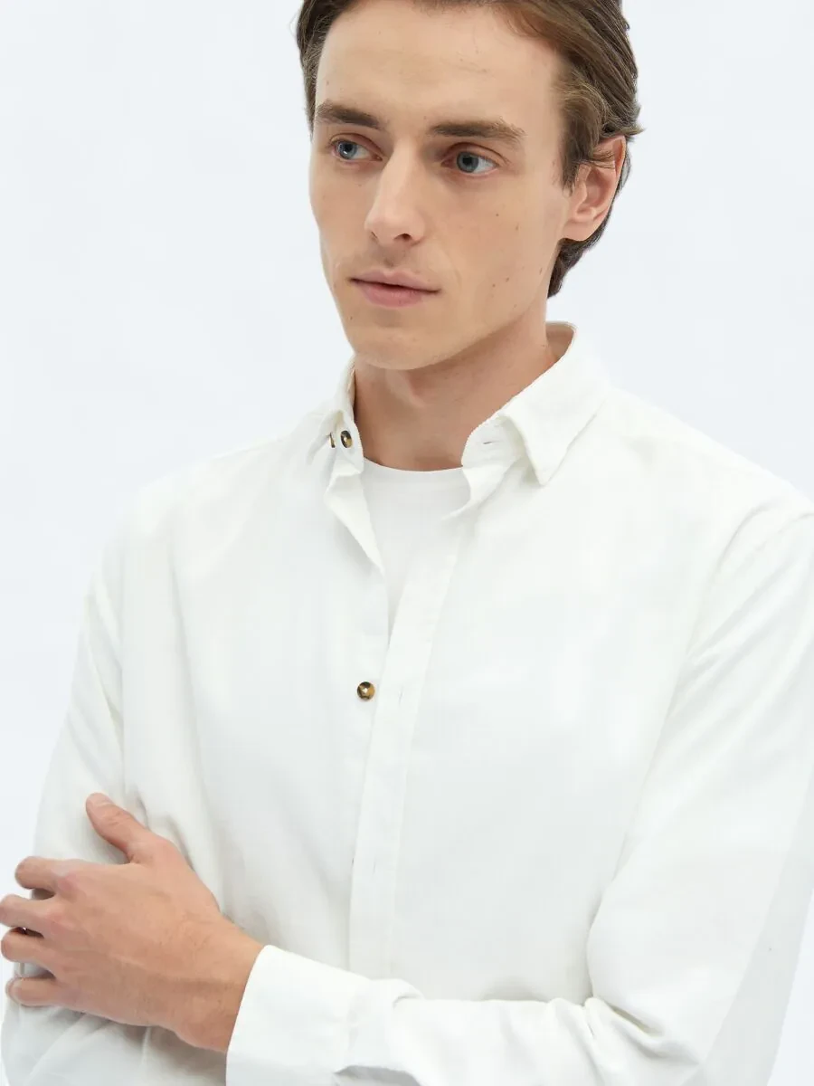 White Ribbed Regular Fit Weaving Casual 100% Cotton Shirt - 6