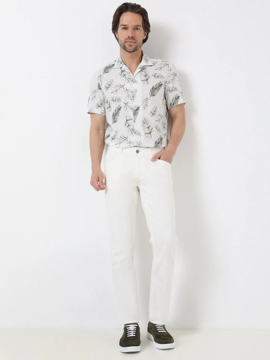 White Slim Fit Denim Cotton Blended Trousers - 1