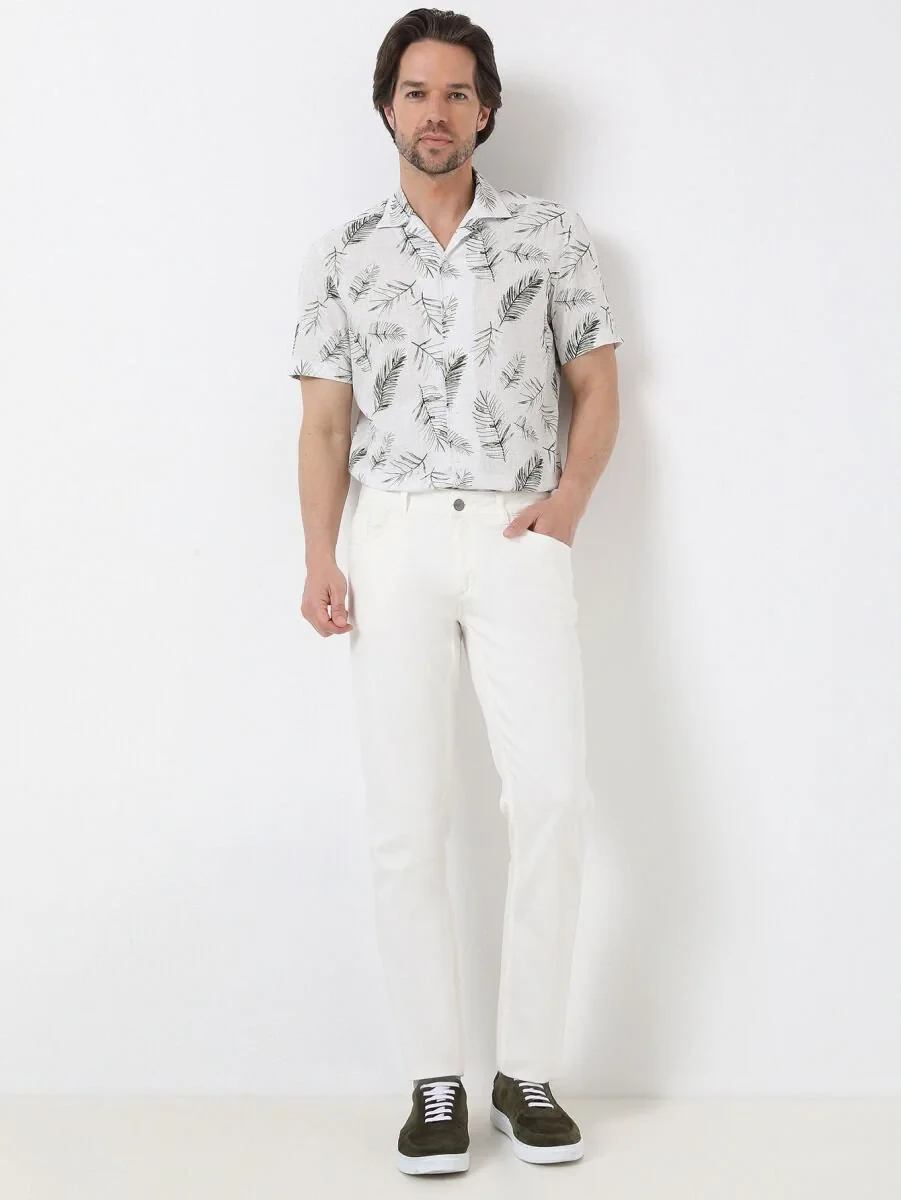 White Slim Fit Denim Cotton Blended Trousers - 1