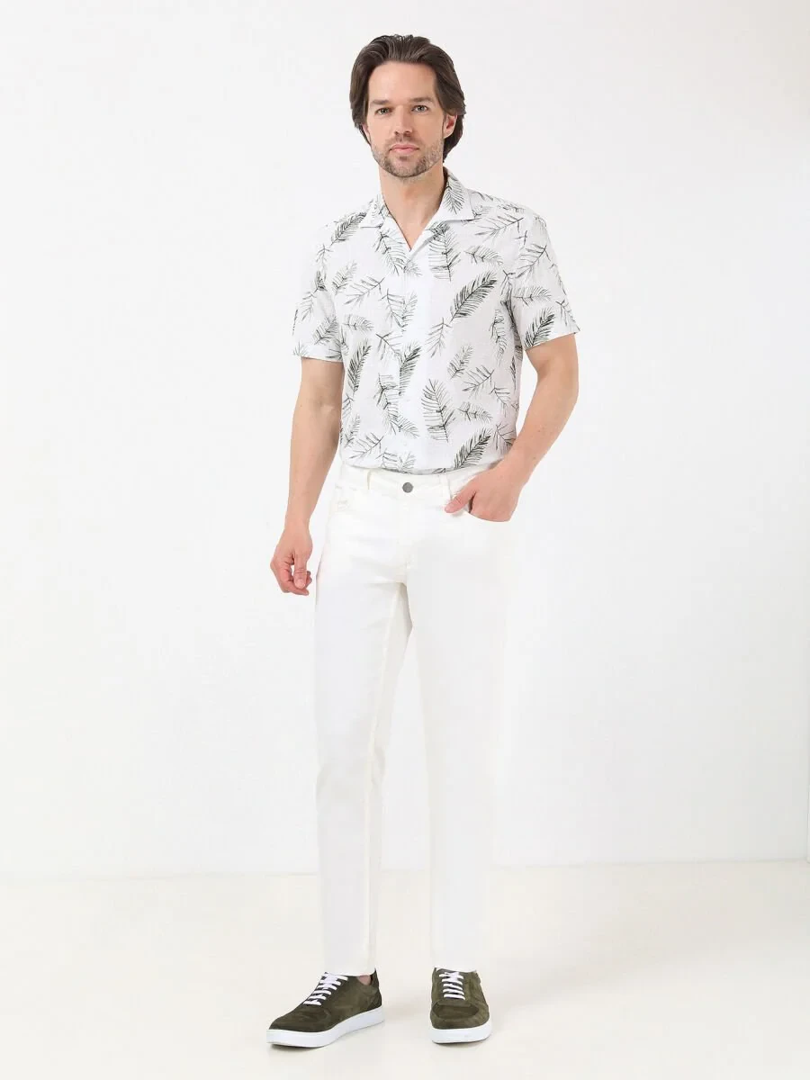 White Slim Fit Denim Cotton Blended Trousers - 2