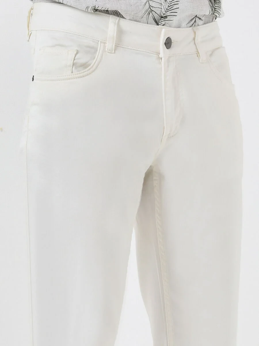 White Slim Fit Denim Cotton Blended Trousers - 3