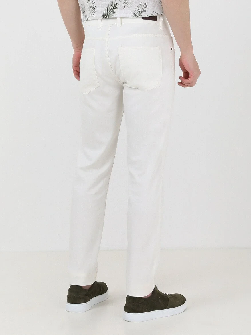 White Slim Fit Denim Cotton Blended Trousers - 4
