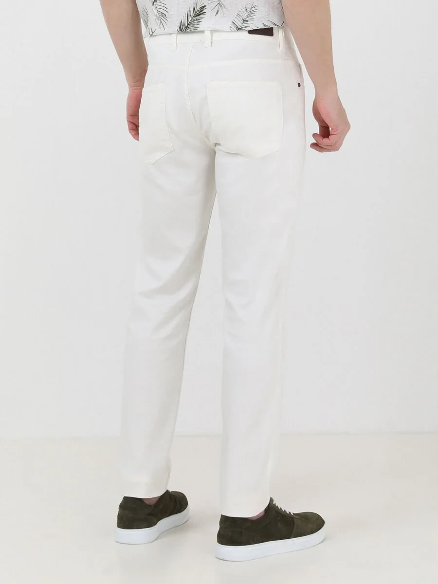 White Slim Fit Denim Cotton Blended Trousers - 4