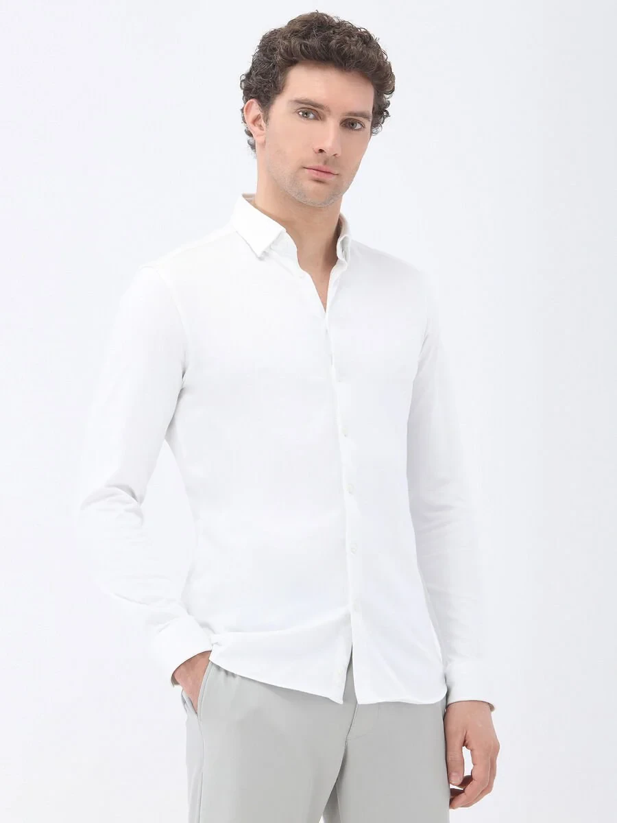 White Slim Fit Knitting Casual 100% Cotton Shirt - 1