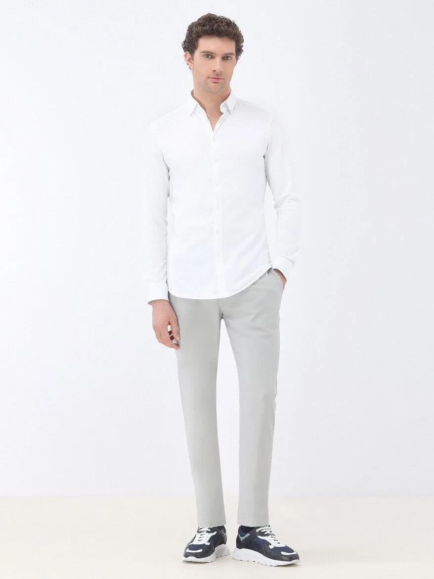 White Slim Fit Knitting Casual 100% Cotton Shirt - 2