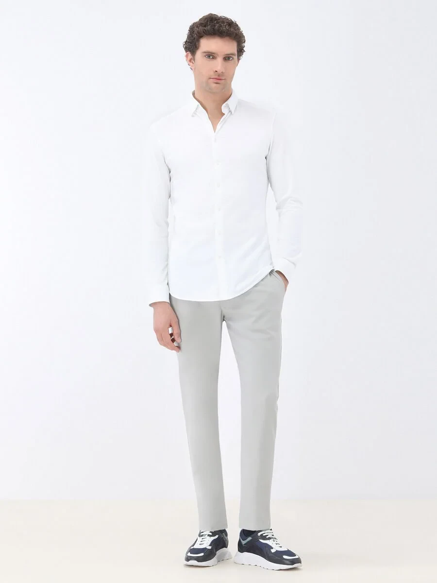 White Slim Fit Knitting Casual 100% Cotton Shirt - 2