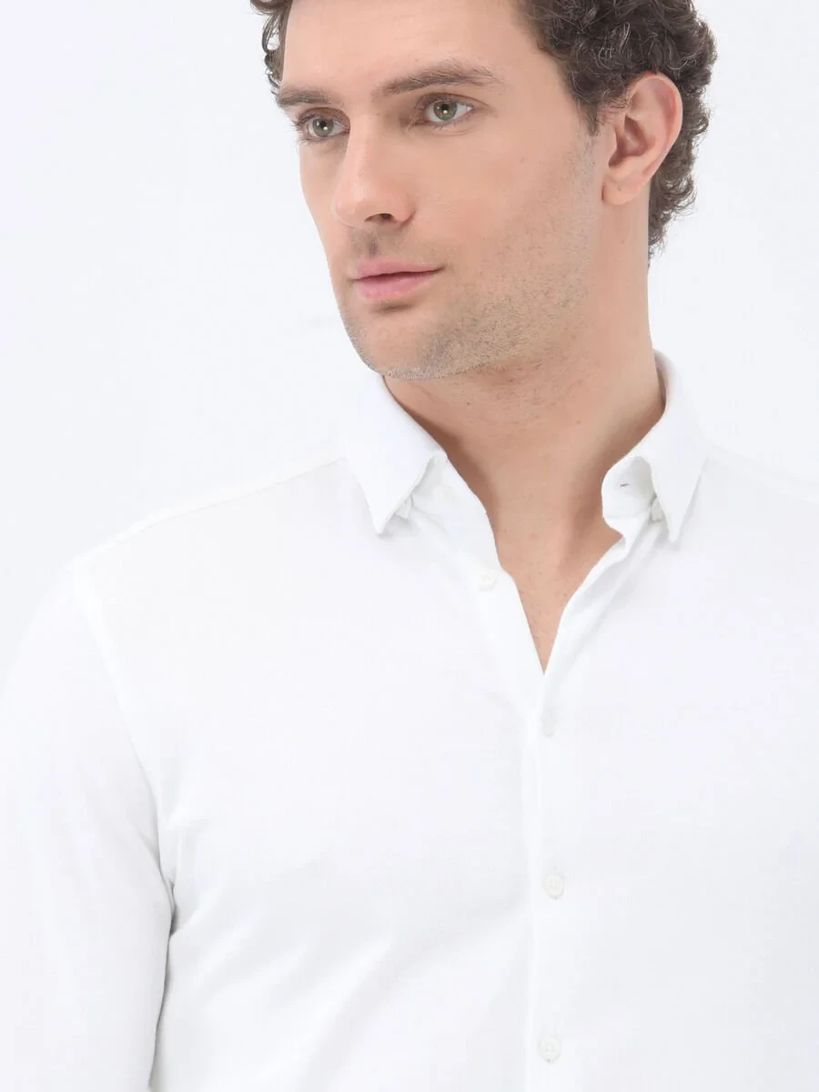 White Slim Fit Knitting Casual 100% Cotton Shirt - 4