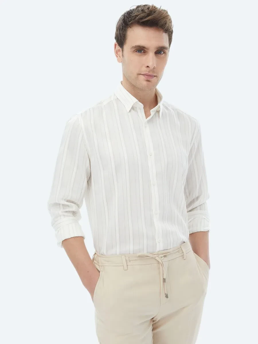 White Striped Regular Fit Weaving Classical Linen Blended Shirt - 1