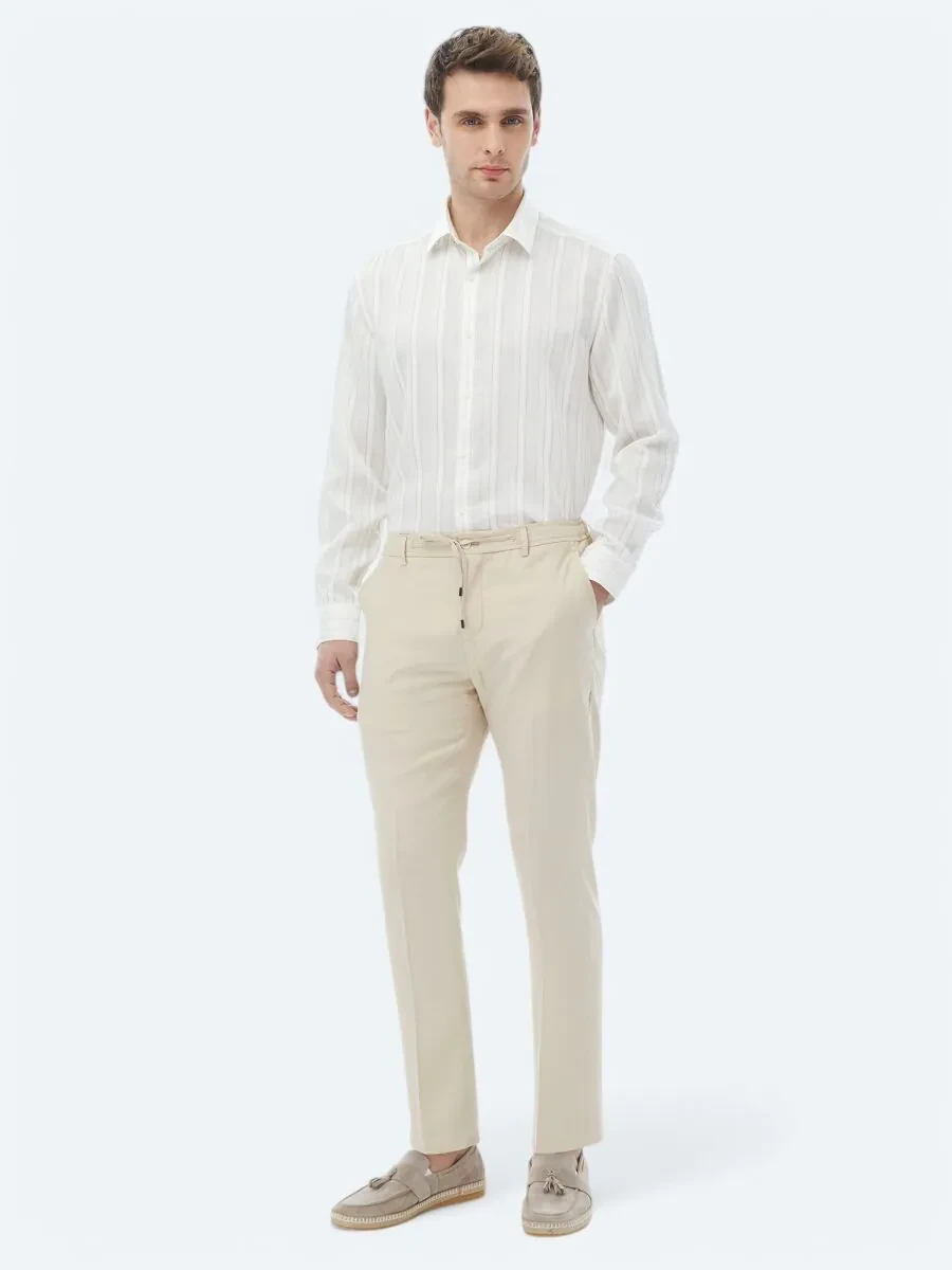 White Striped Regular Fit Weaving Classical Linen Blended Shirt - 2