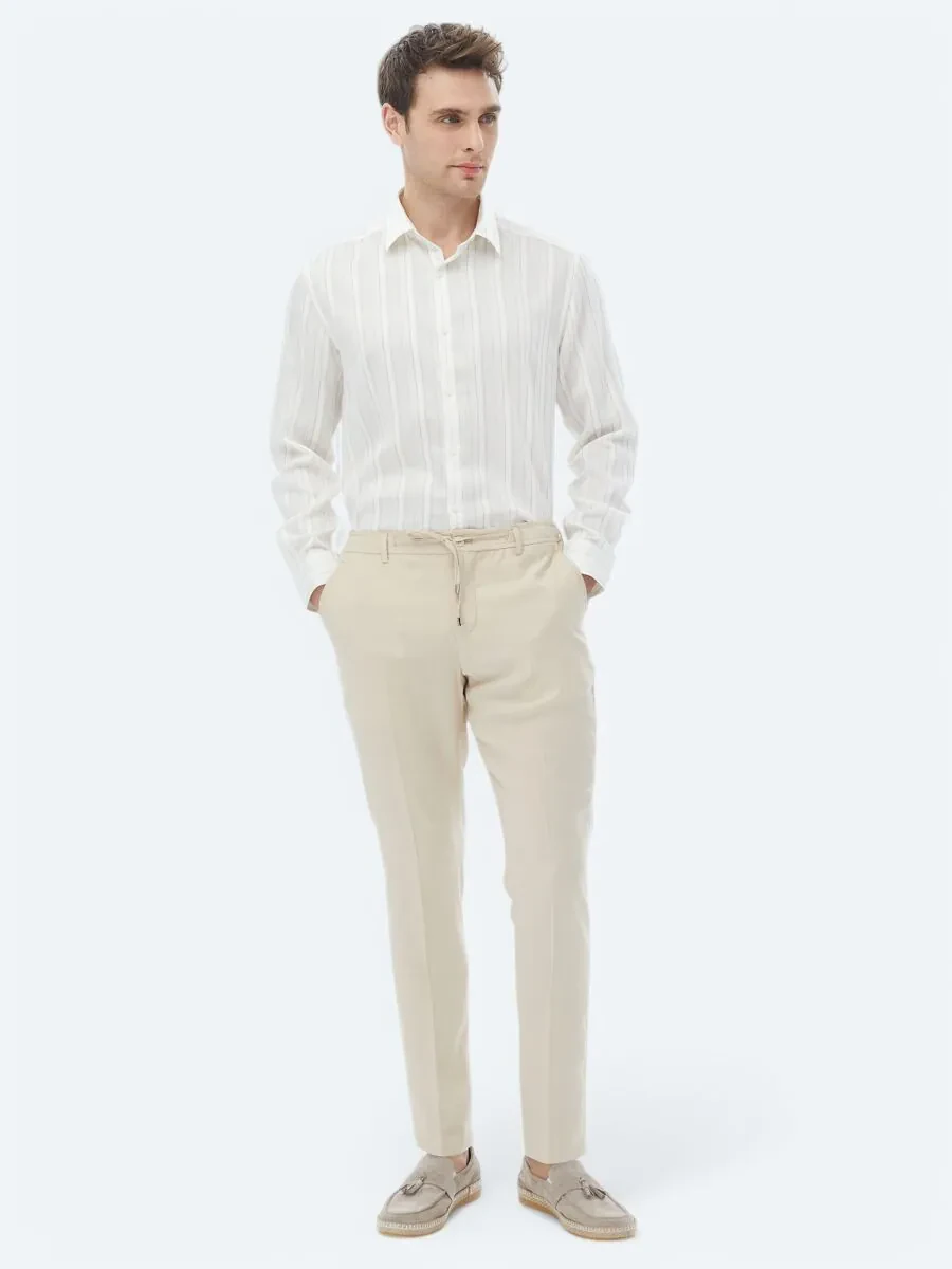 White Striped Regular Fit Weaving Classical Linen Blended Shirt - 3